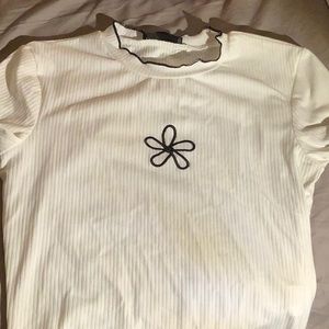 Shein top with floral embroidery and lettuce trim!